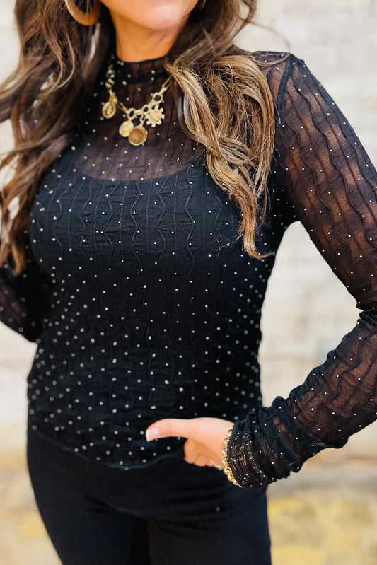 Black Rhinestone Embellished Wavy Texture Mesh Long Sleeve Top