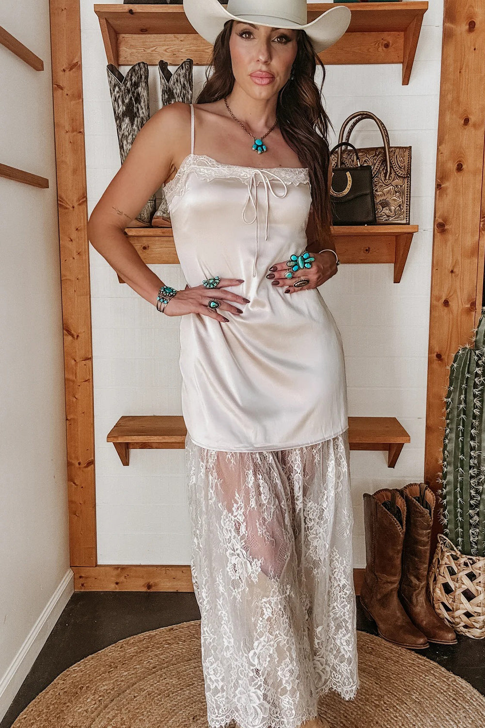 White Satin Lace Patchwork Spaghetti Straps Maxi Dress