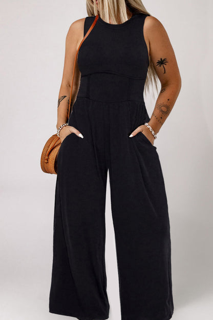 Chic Black Wide Leg Jumpsuit with Cinched Waist