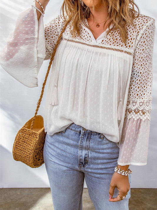 Elegant White Lace Patchwork Swiss Dot Blouse
