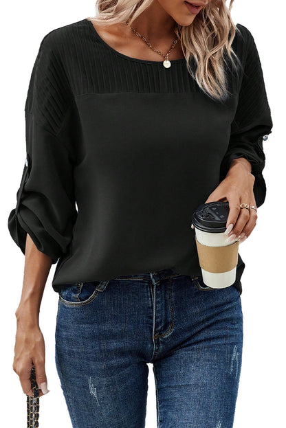 Elegant Black Stitched Sleeve Round Neck Blouse