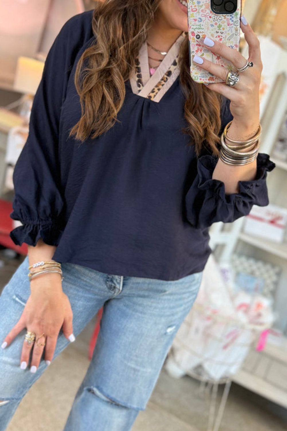 Navy Blue Contrast Leopard Patchwork Collar Plus Size Long Flounce Sleeve Blouse