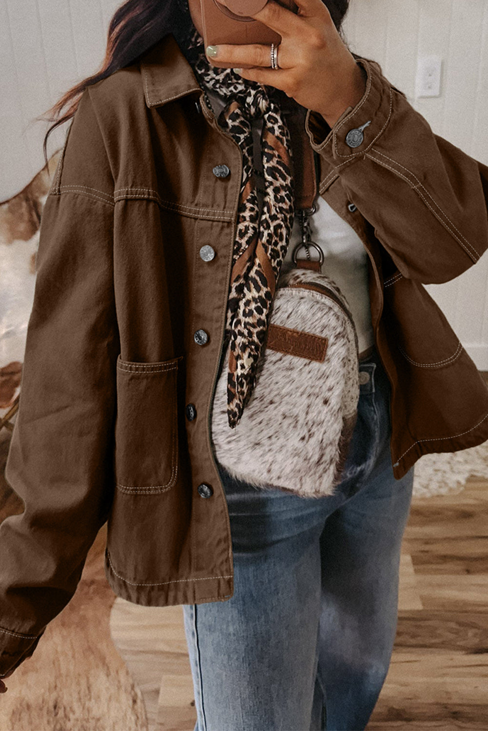 Coffee Patched Pocket Collared Button Front Boyfriend Denim Jacket