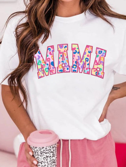 Leopard Embroidered White MAMA Graphic Tee