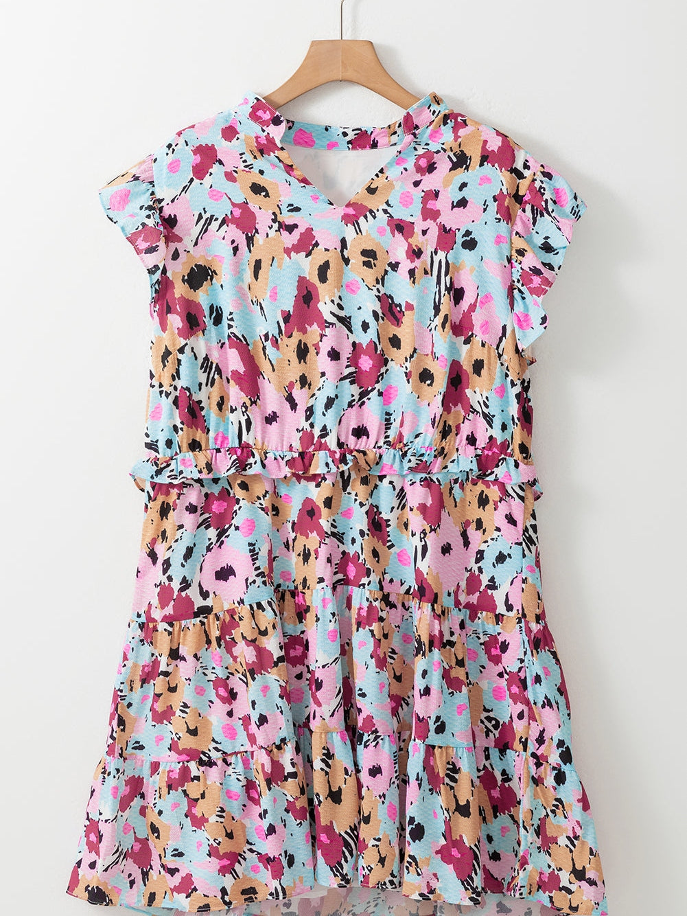 Red Floral Ruffled Cap Sleeve Plus Size Mini Dress