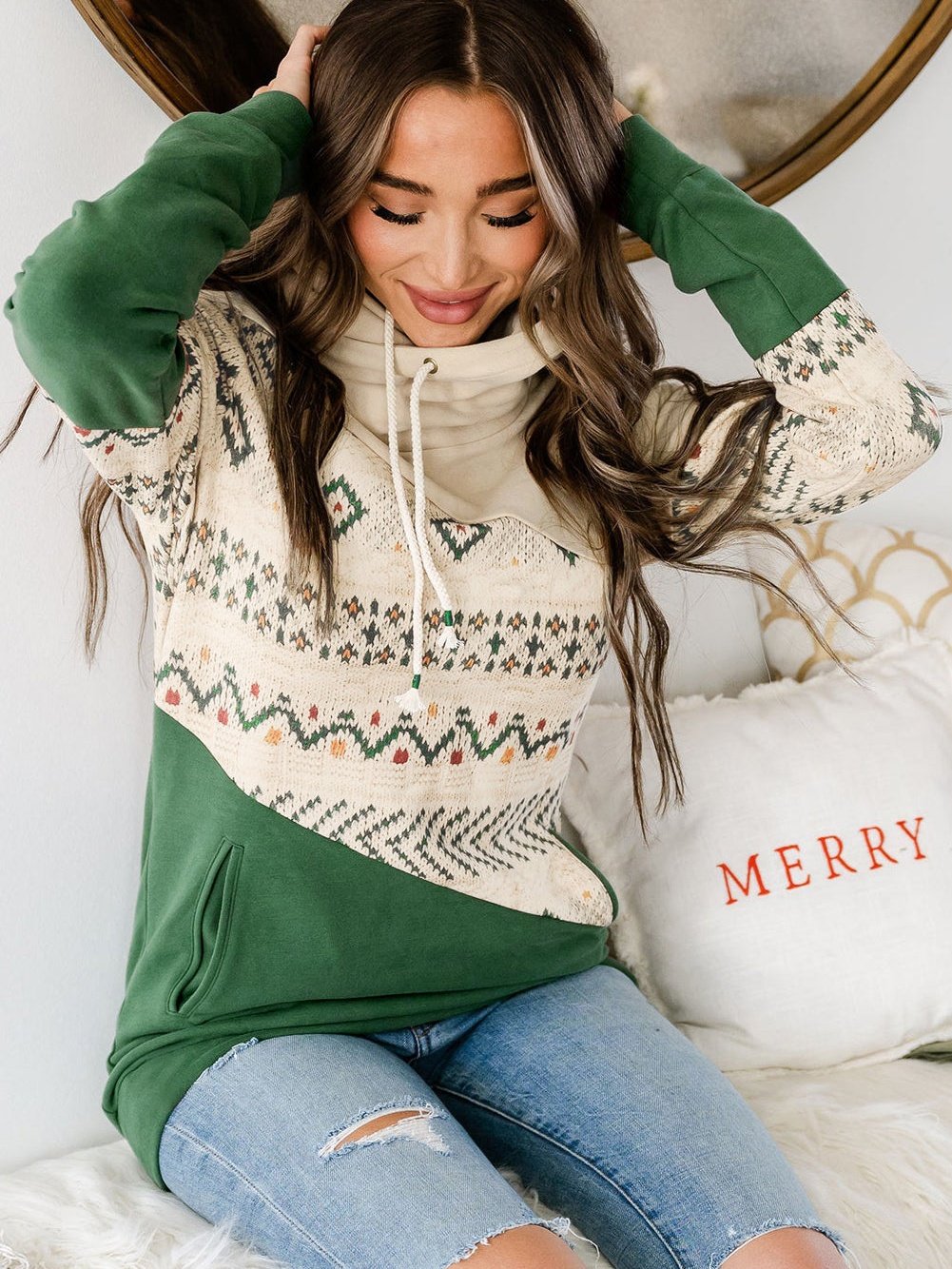 Green Geometric Patchwork Color Block Hoodie