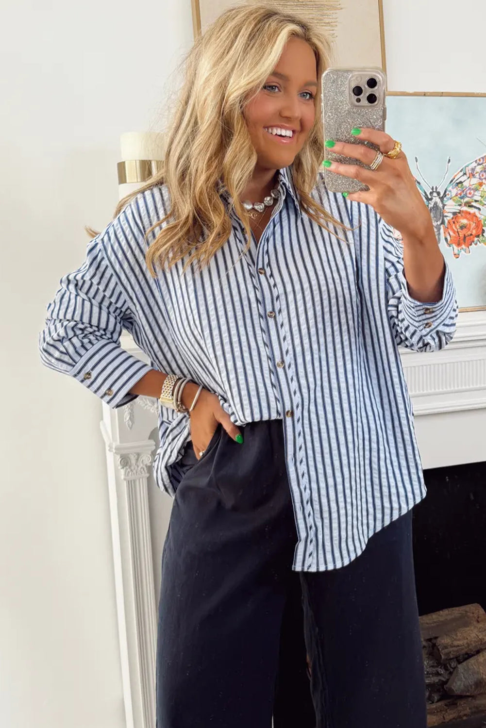 Blue Stripe Textured Hi Low Rounded Hem Casual Shirt with Slits