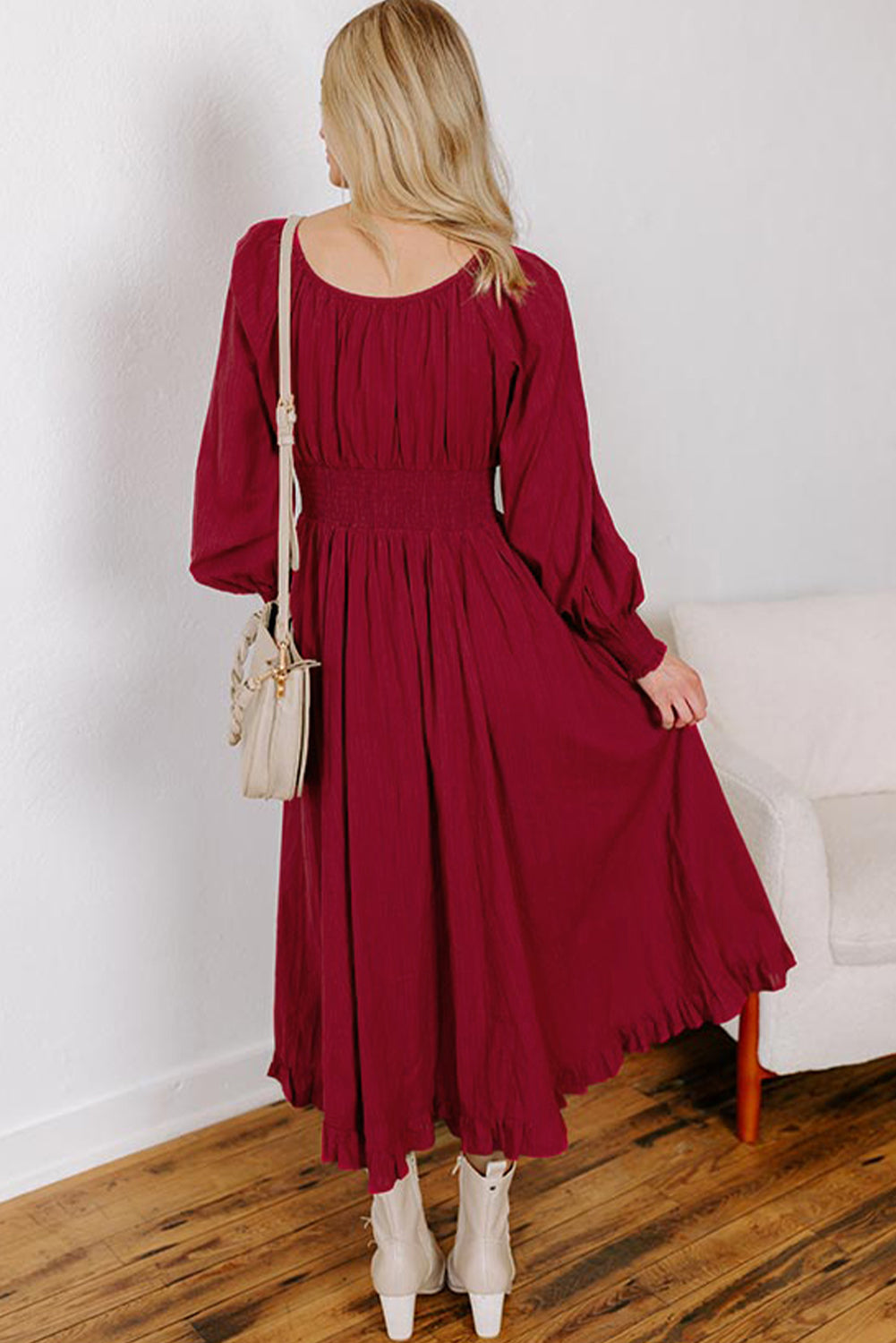Racing Red Smocked High Waist Button Down Long Sleeve Flared Dress
