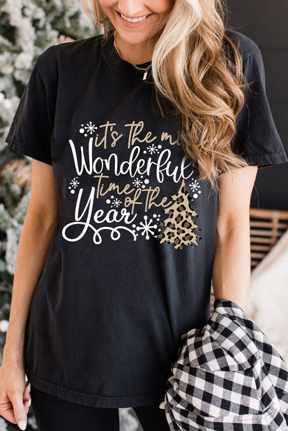 Festive Black Leopard Graphic Tee with Christmas Vibes