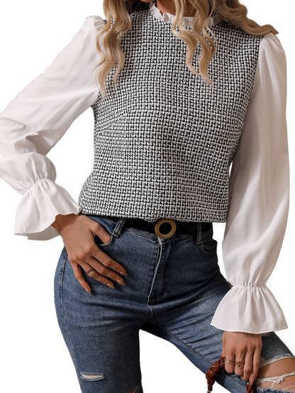 Elegant Black Tweed Top with Frill Neck and Flounce Sleeves