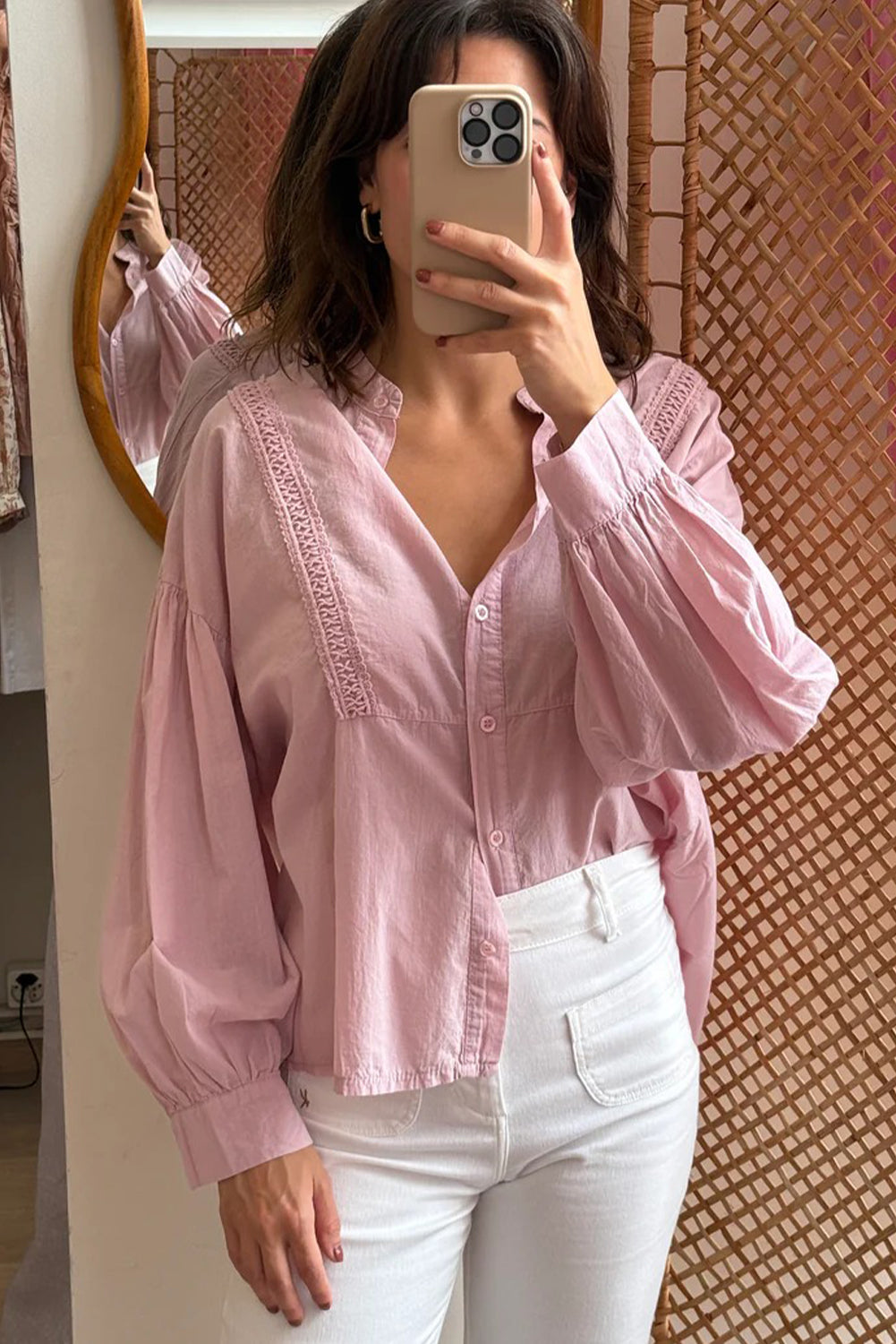 Light Pink Drop Shoulder Puff Sleeve Lace Detail Button Down Shirt