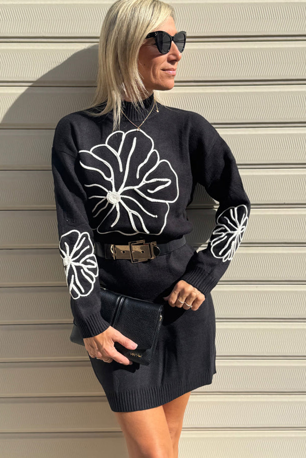 Black Floral Embroidered Mock Neck Mini Sweater Dress