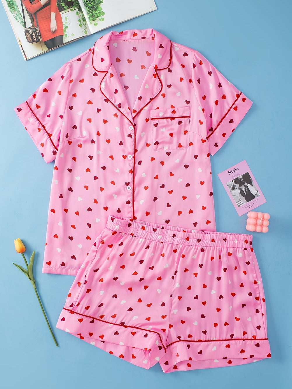 Valentine's Day Pink Heart Print Plus Size Pajama Set