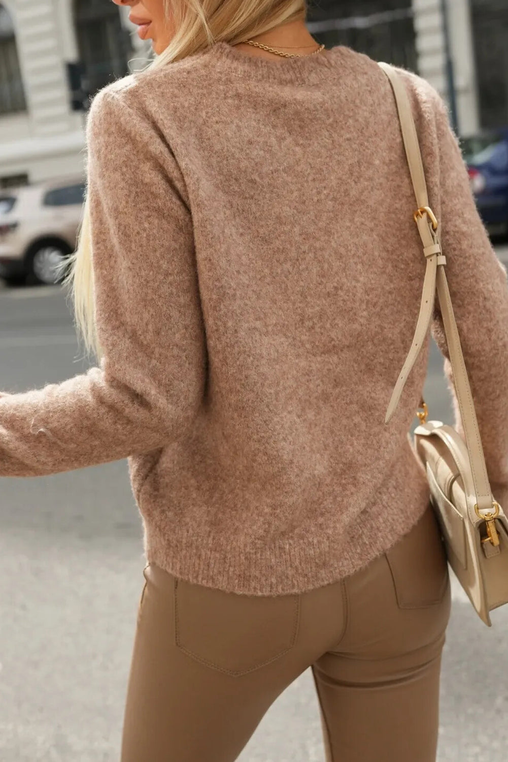 Light French Beige Round Neck Ribbon Bow Lace Cuff Patchwork Sweater