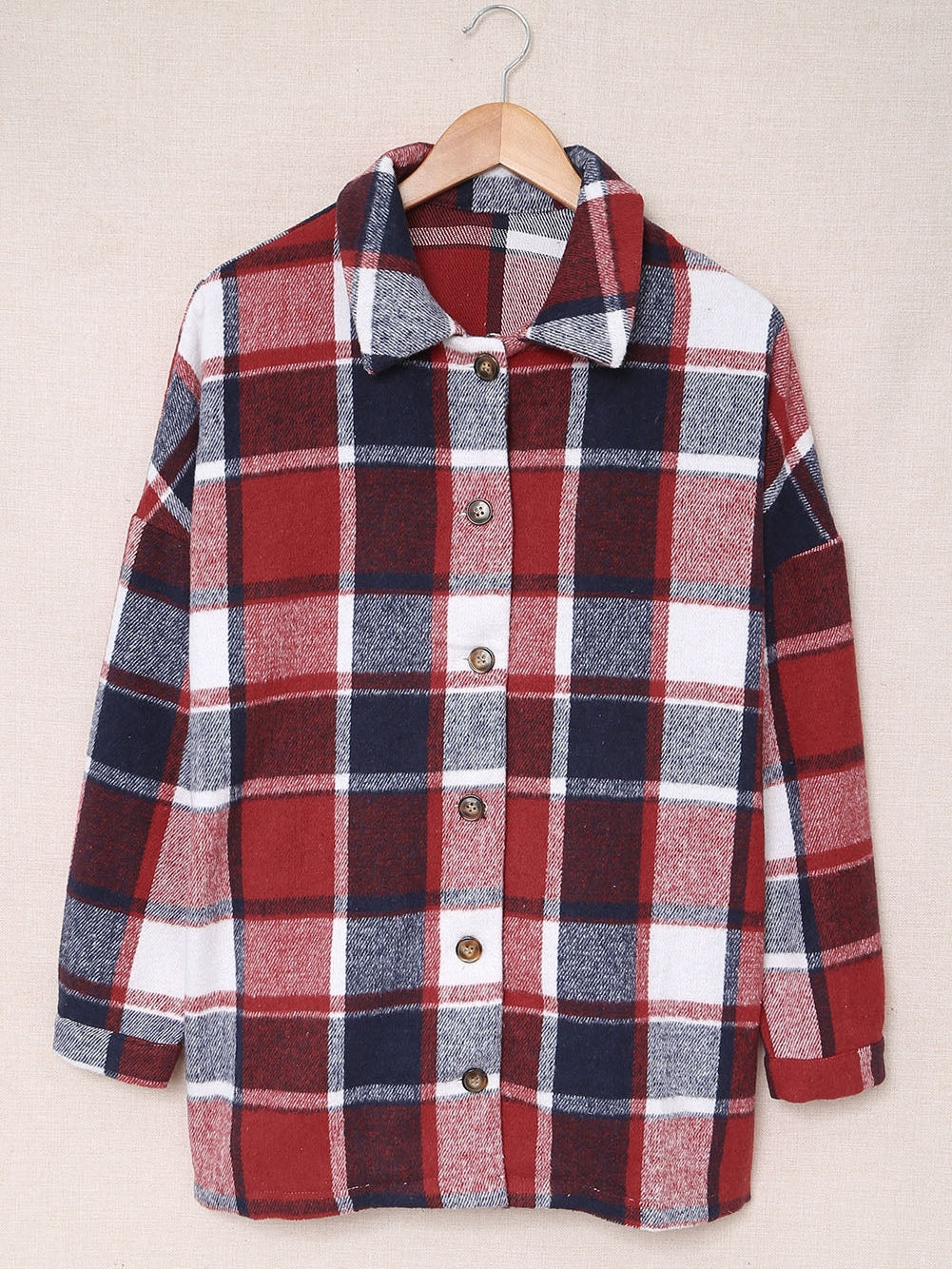 Fiery Orange Plaid Print Button-Up Shirt Jacket