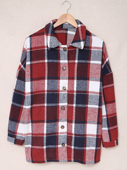 Fiery Orange Plaid Print Button-Up Shirt Jacket