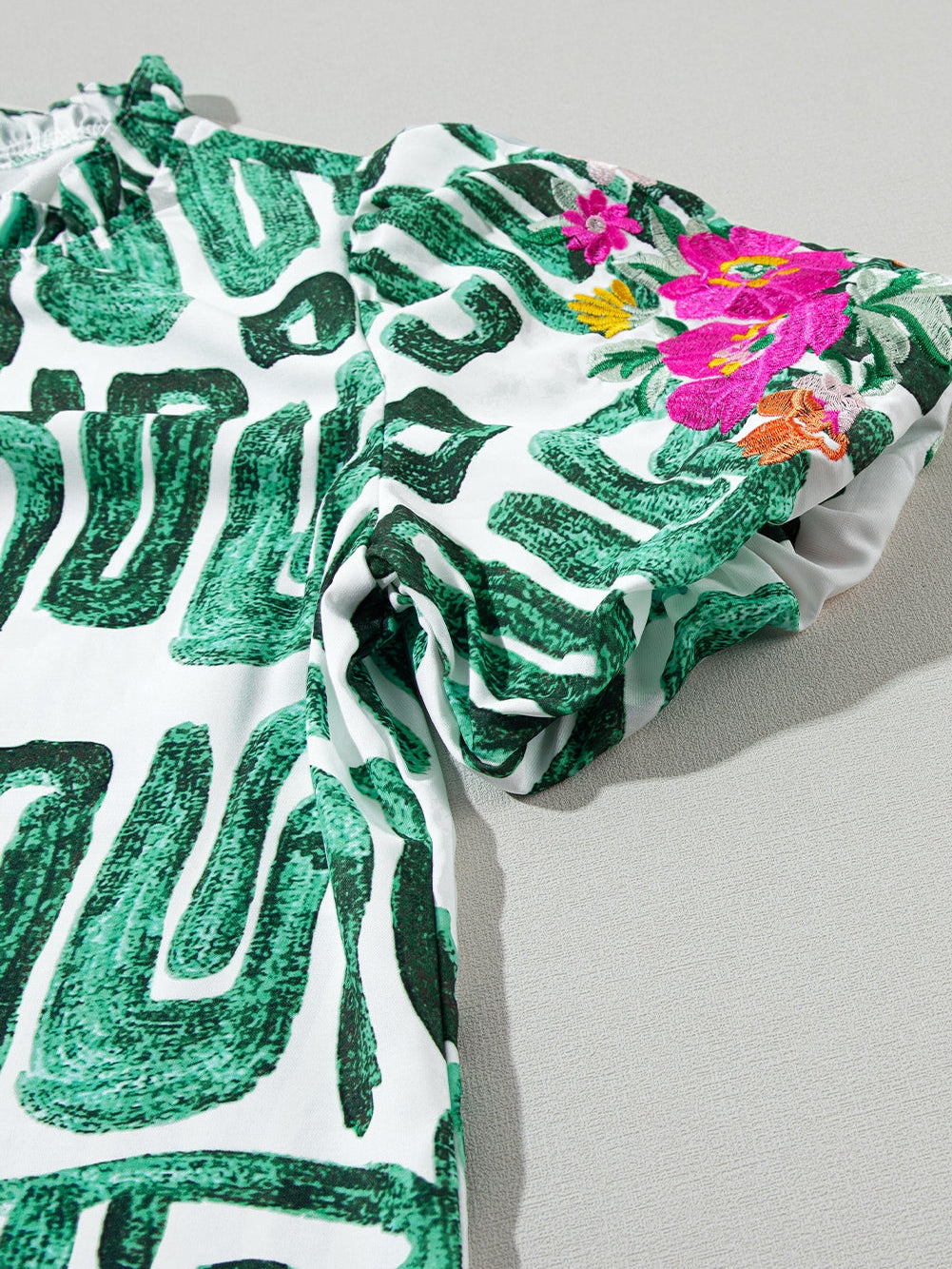Green Floral Embroidered Puff Sleeve Frilled Neck Shift Top