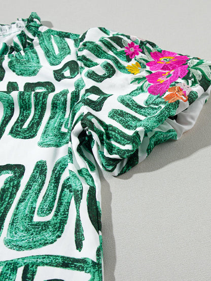 Green Floral Embroidered Puff Sleeve Frilled Neck Shift Top