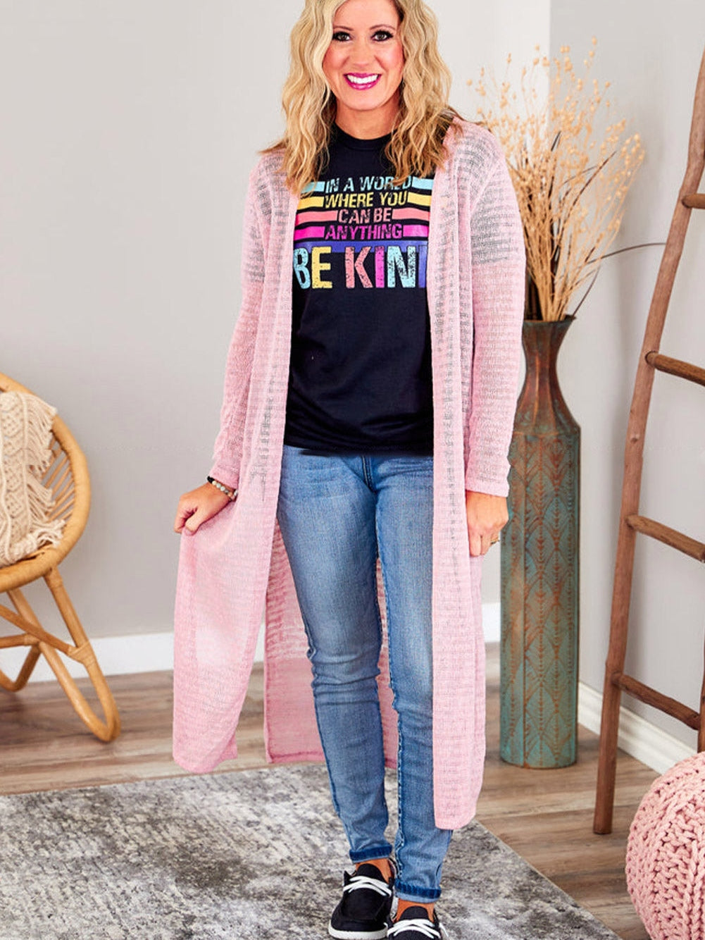 Pink Sheer Knit Long Side Slit Plus Size Cardigan with Southern Belle Style