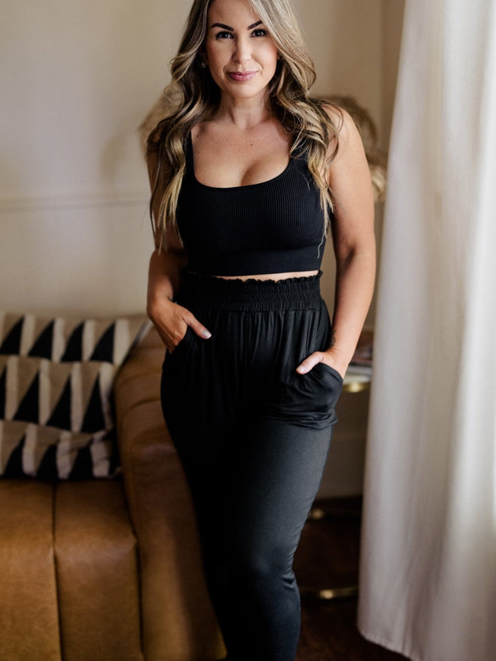 Elegant Black Plus Size High Waist Frilled Soft Pants with Pockets