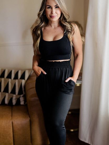 Elegant Black Plus Size High Waist Frilled Soft Pants with Pockets