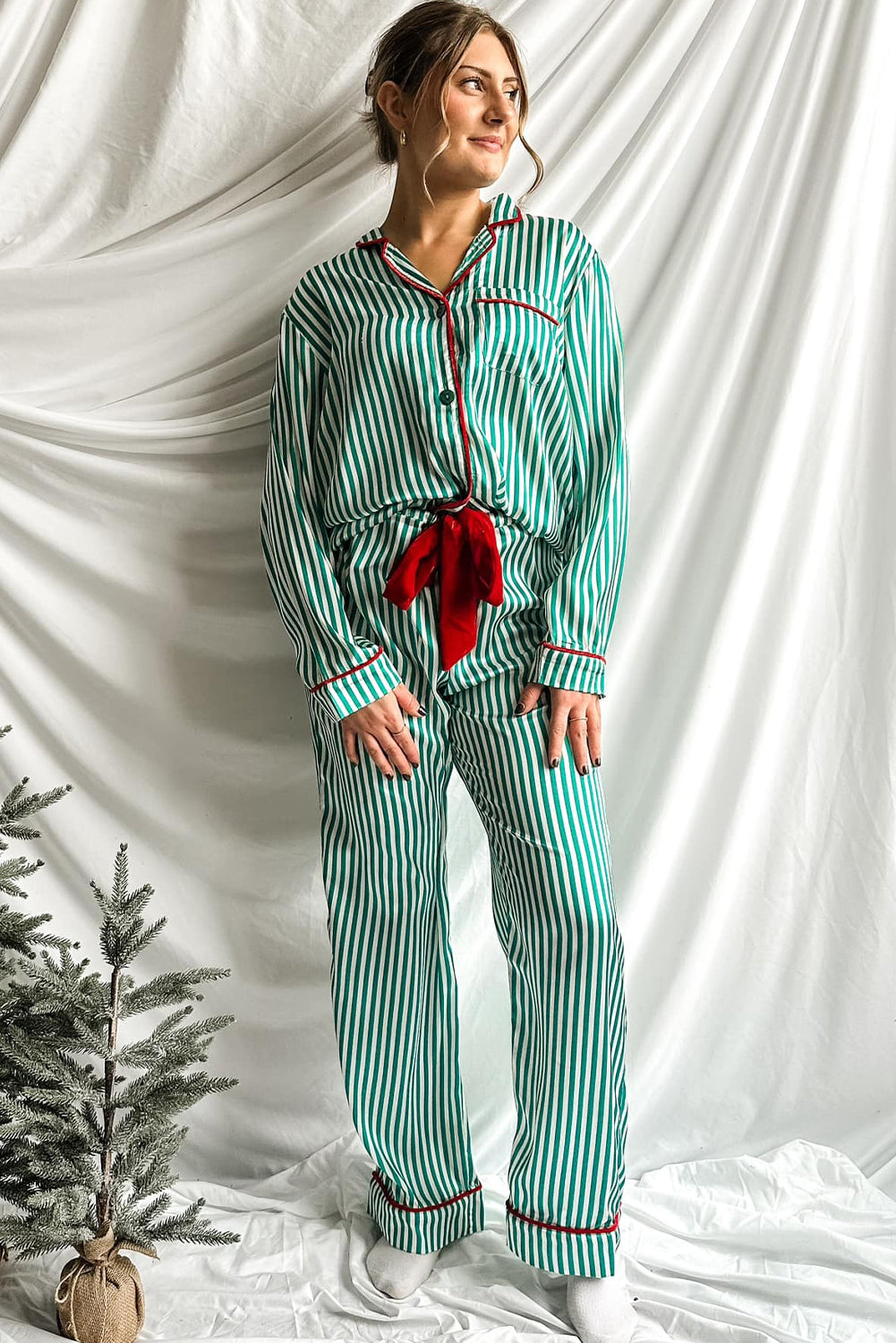 Green Stripe Contrast Velvet Trim Bow Knot Waist 2pcs Pajama Set
