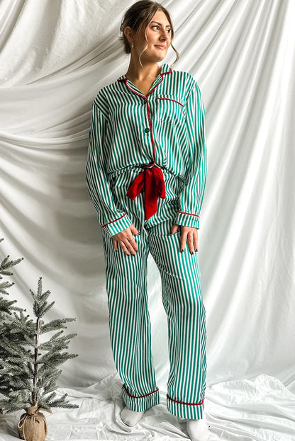 Green Stripe Contrast Velvet Trim Bow Knot Waist 2pcs Pajama Set
