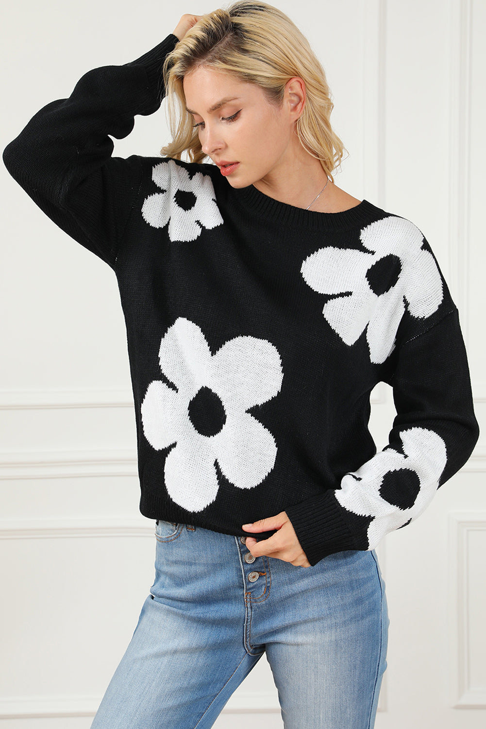 Elegant Black Floral Knit Sweater