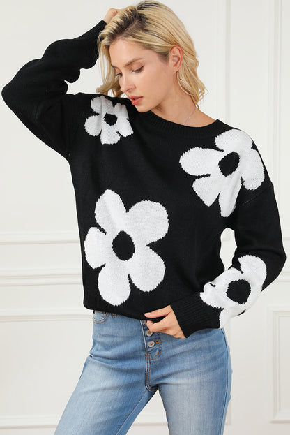 Elegant Black Floral Knit Sweater