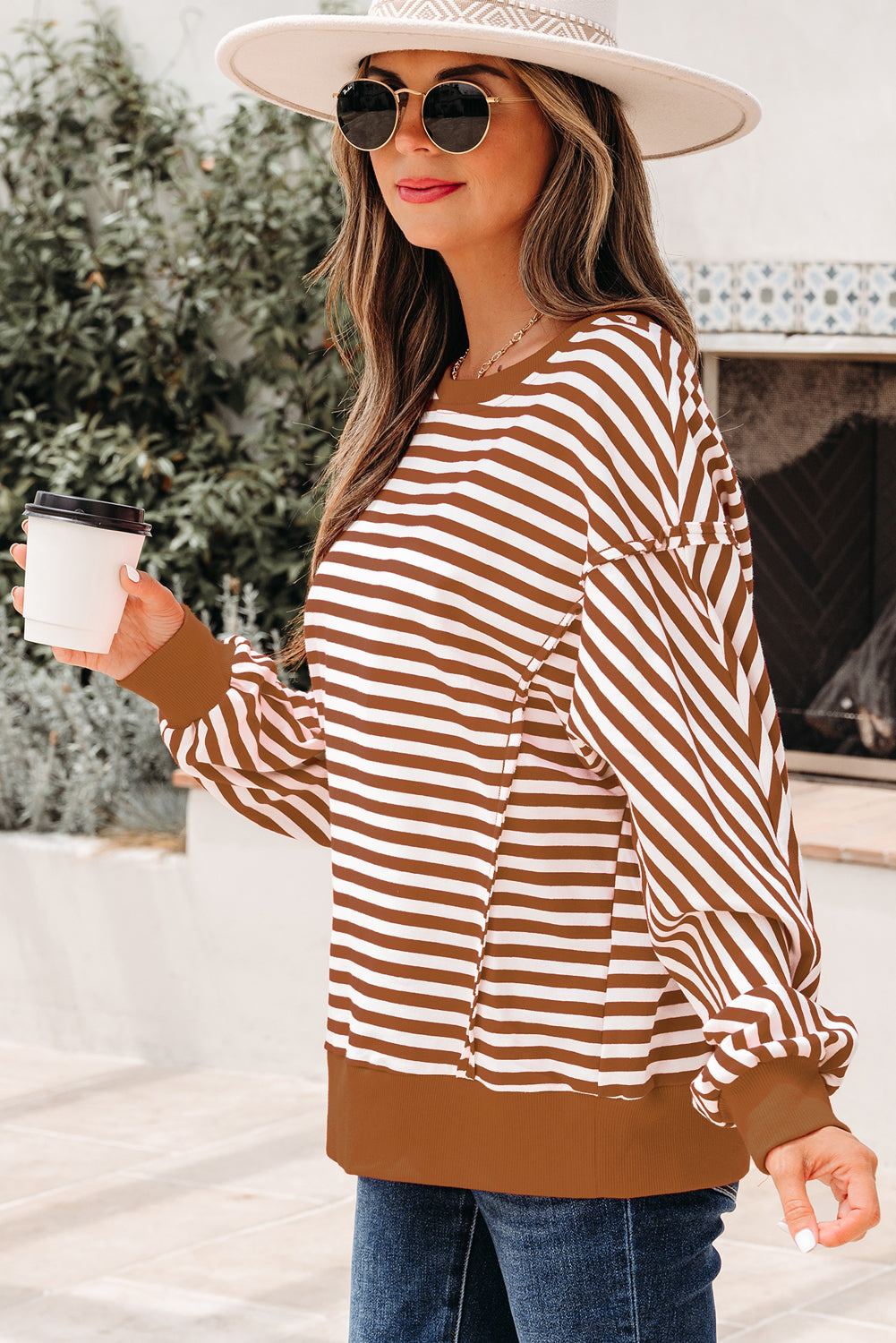 Brown Stripe Exposed Seam Drop Shoulder Casual Pullover Top