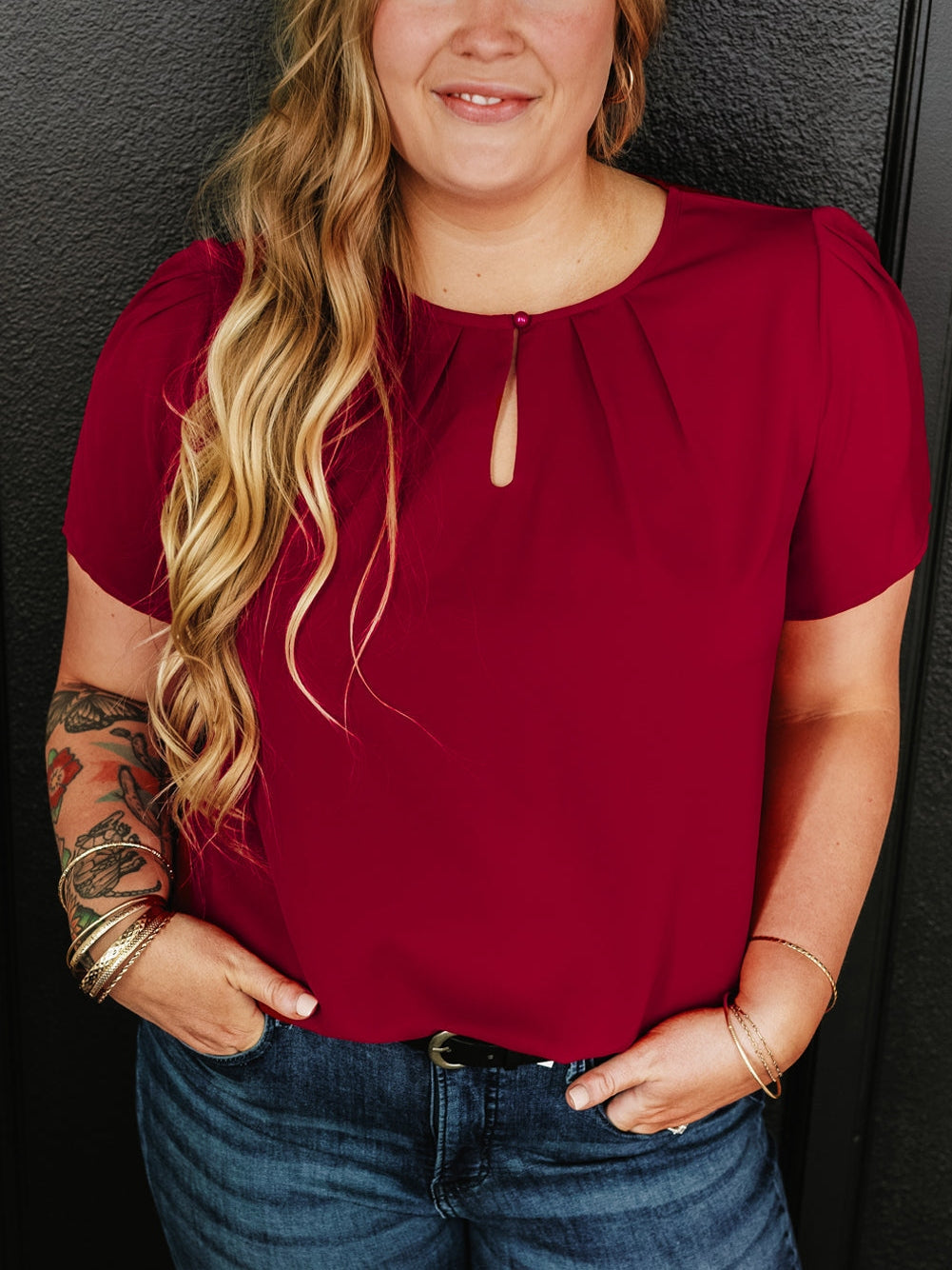 Red Dahlia Keyhole Pleated Crew Neck Plus Size T Shirt