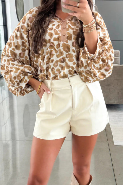 Khaki Leopard Print Contrast Trim Button Neck Long Puff Sleeve Blouse