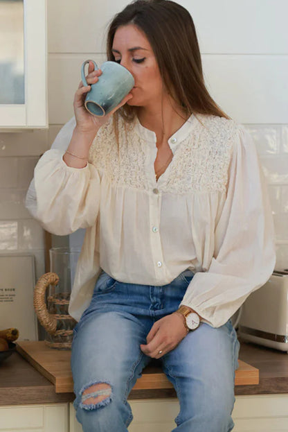 Beige Smocked Chest Elastic Cuffs Loose Sleeve Floaty Blouse