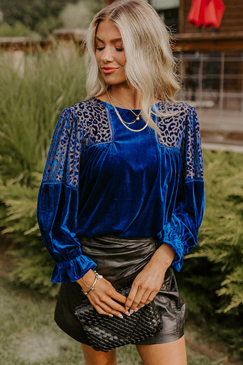 Sky Blue Leopard Patchwork Shoulder Flounce Sleeve Velvet Blouse