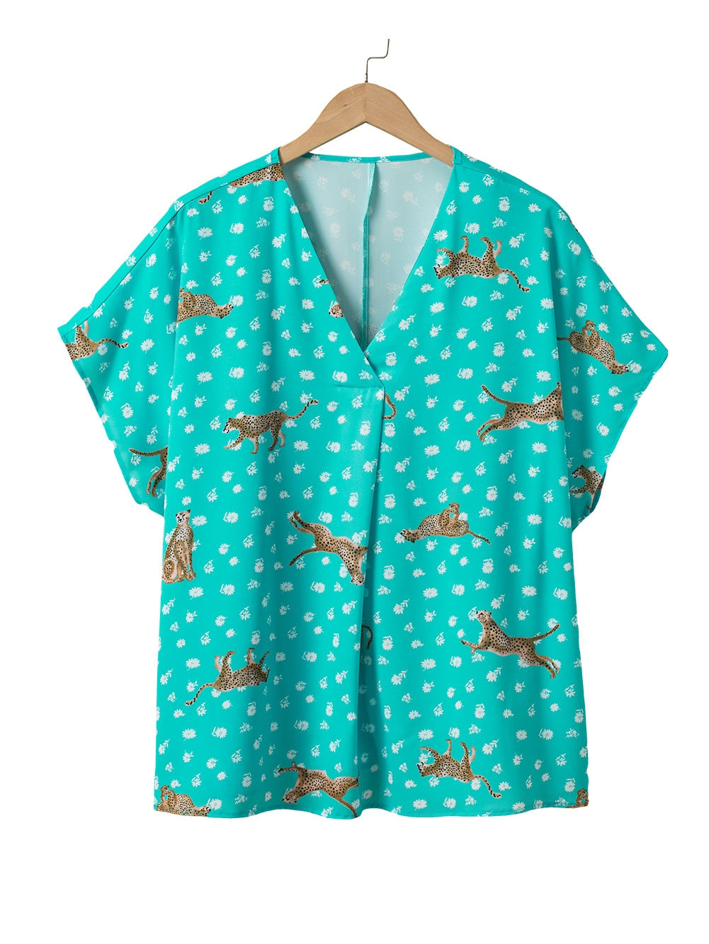 Green Cheetah Print V Neck Short Sleeve Plus Top