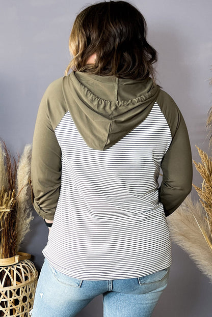 Green Striped Plus Size Hoodie with Raglan Sleeves and Buttoned Pocket