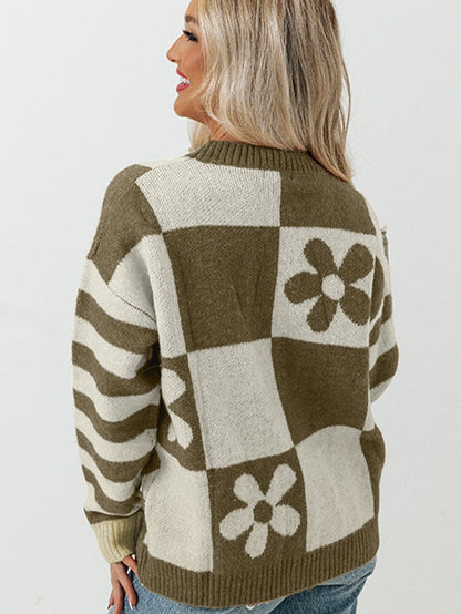 Green Checkered Floral and Striped Sleeve Sweater with Round Neck