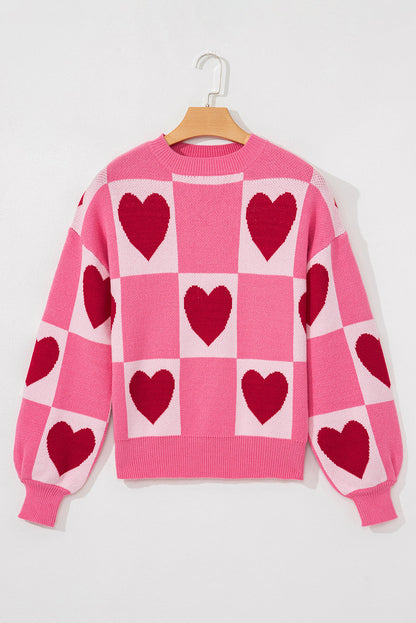Pink Love Heart Checkered Valentine Crew Neck Sweater