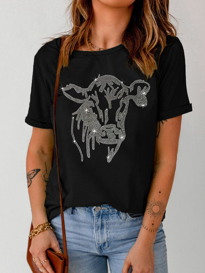 Glamorous Black Rhinestone Western Steer Head Graphic Tee