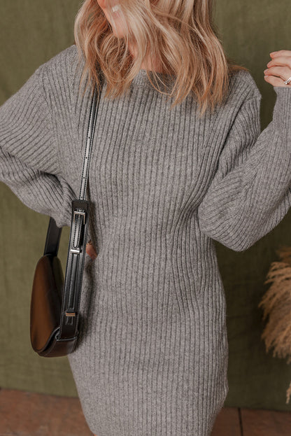 Gray Ribbed Knit Long Sleeve Crewneck Slim Fit Sweater Dress