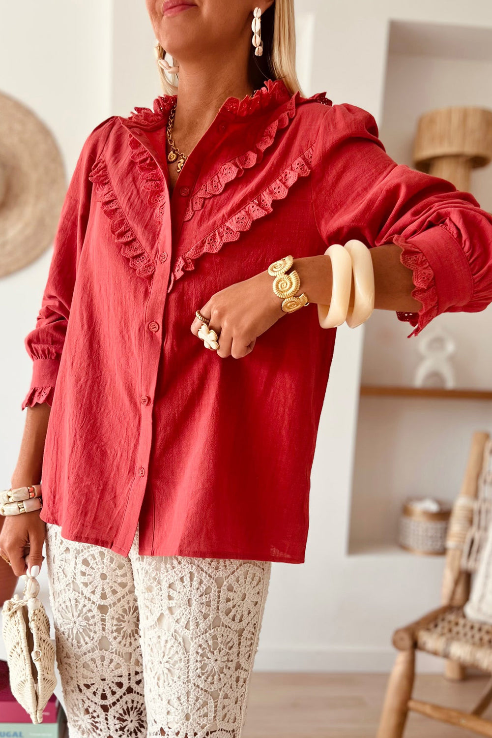 Red Clay Embroidered Ruffled Edge Puff Sleeve Shift Shirt