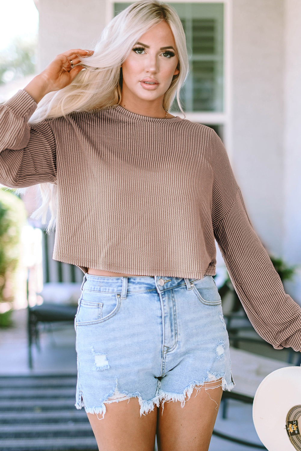 Khaki Corded Drop Shoulder Puff Sleeve Casual Top