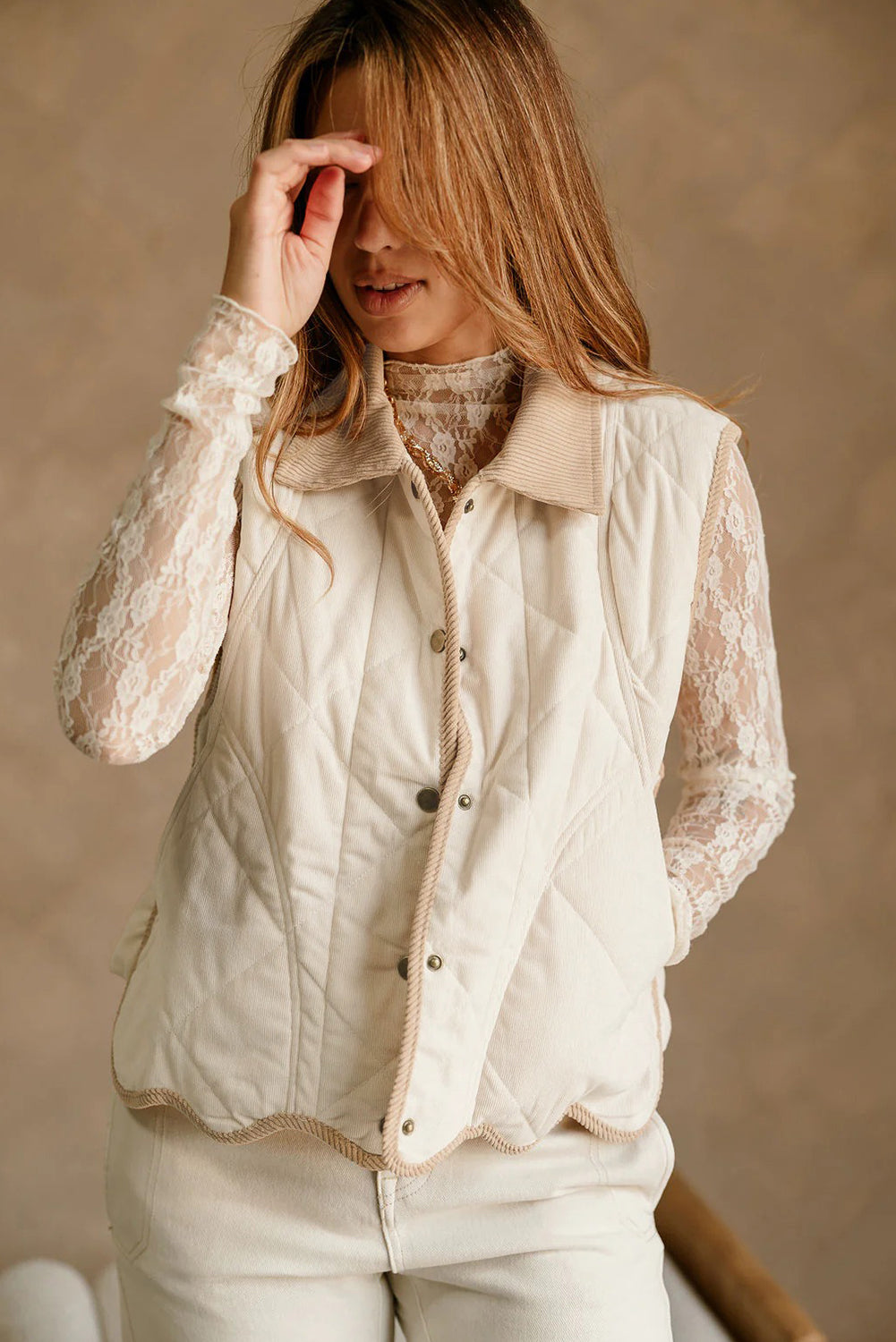 White Quilted Texture Corduroy Trim Contrast Collar Patchwork Vest