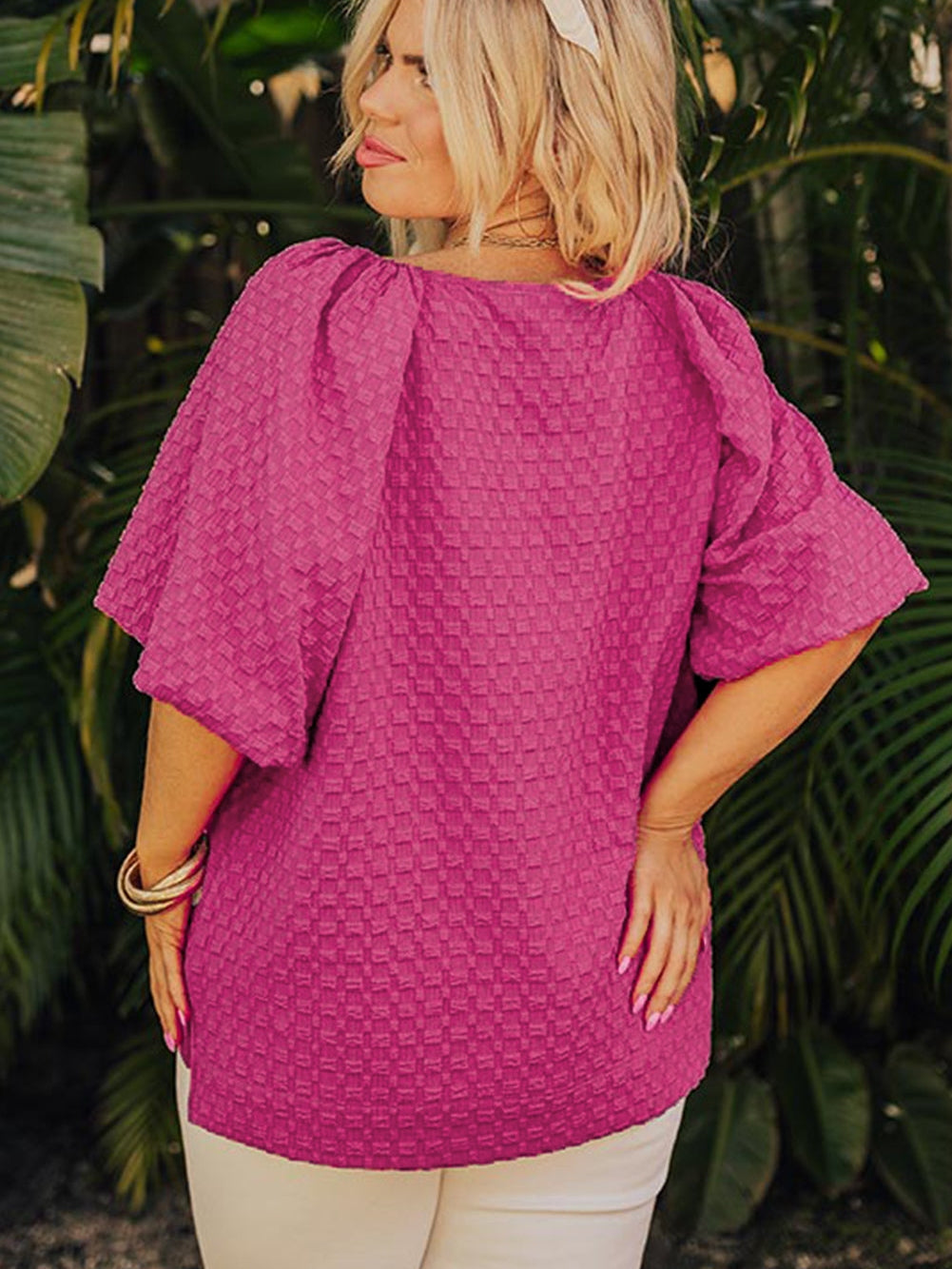 Coral Paradise Solid Textured Bubble Sleeve Plus Size Blouse