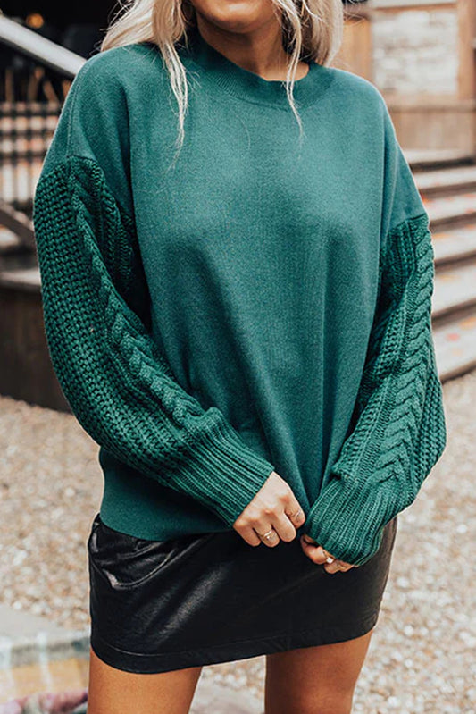 Skobeloff Cable Knit Textured Patchwork Sleeve Slouchy Sweater