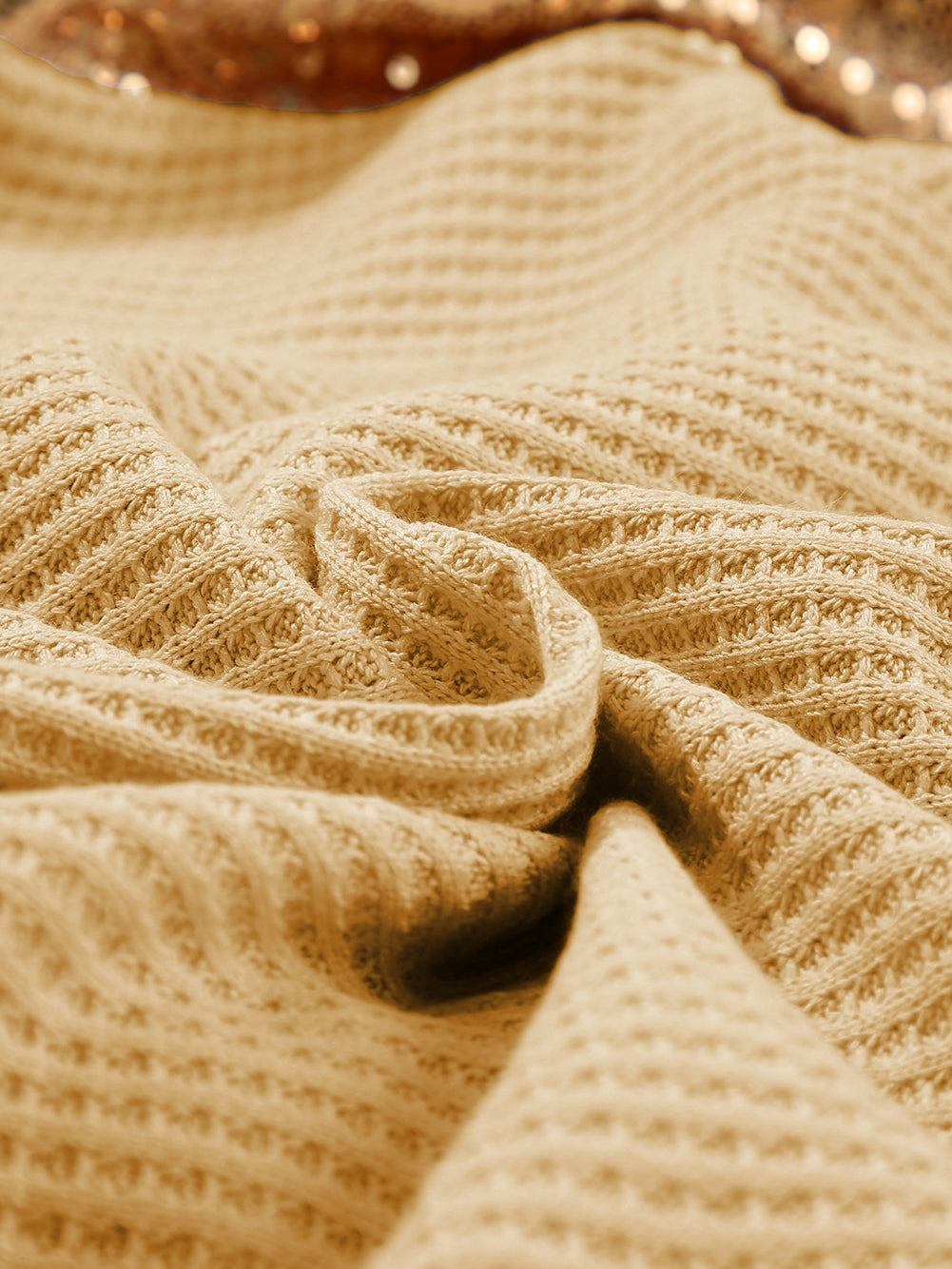 Apricot Sequin Patchwork Waffle Knit Open Back Top with Long Sleeves