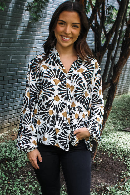 Black Abstract Floral Print Ruffle Hem Long Sleeve Shirt