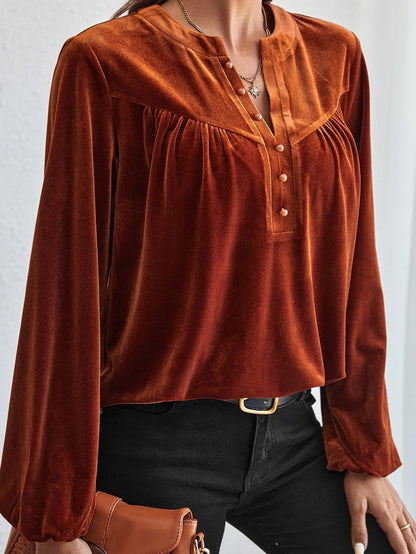 Golden Flare Lantern Sleeve Embellished Split V-Neck Velvet Blouse