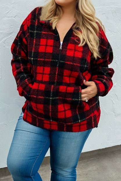 Red Plaid Print Collar Half Zip Plus Size Fleece Sweatshirt