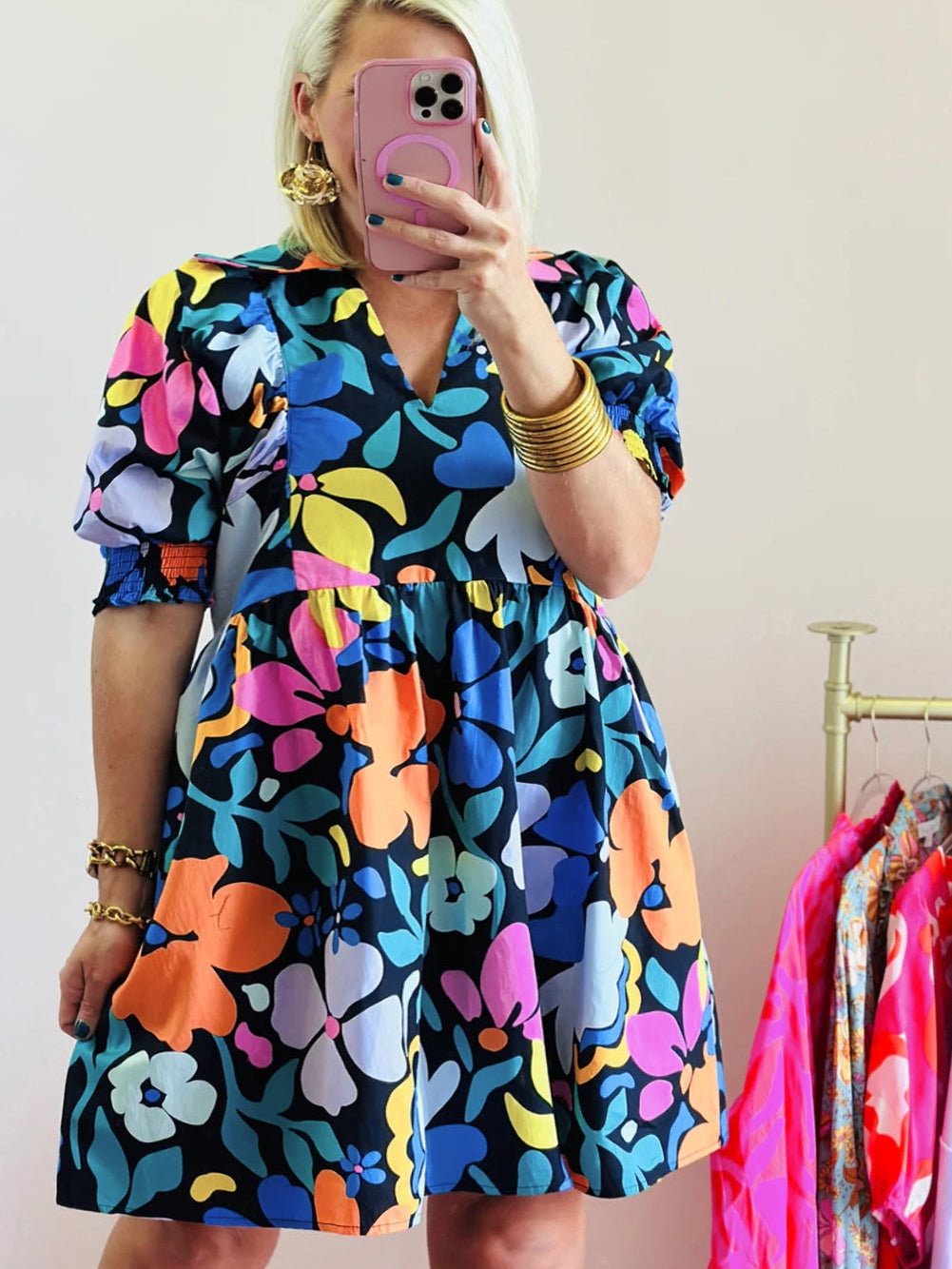 Blue Floral Split Neck Plus Size Collared Mini Dress